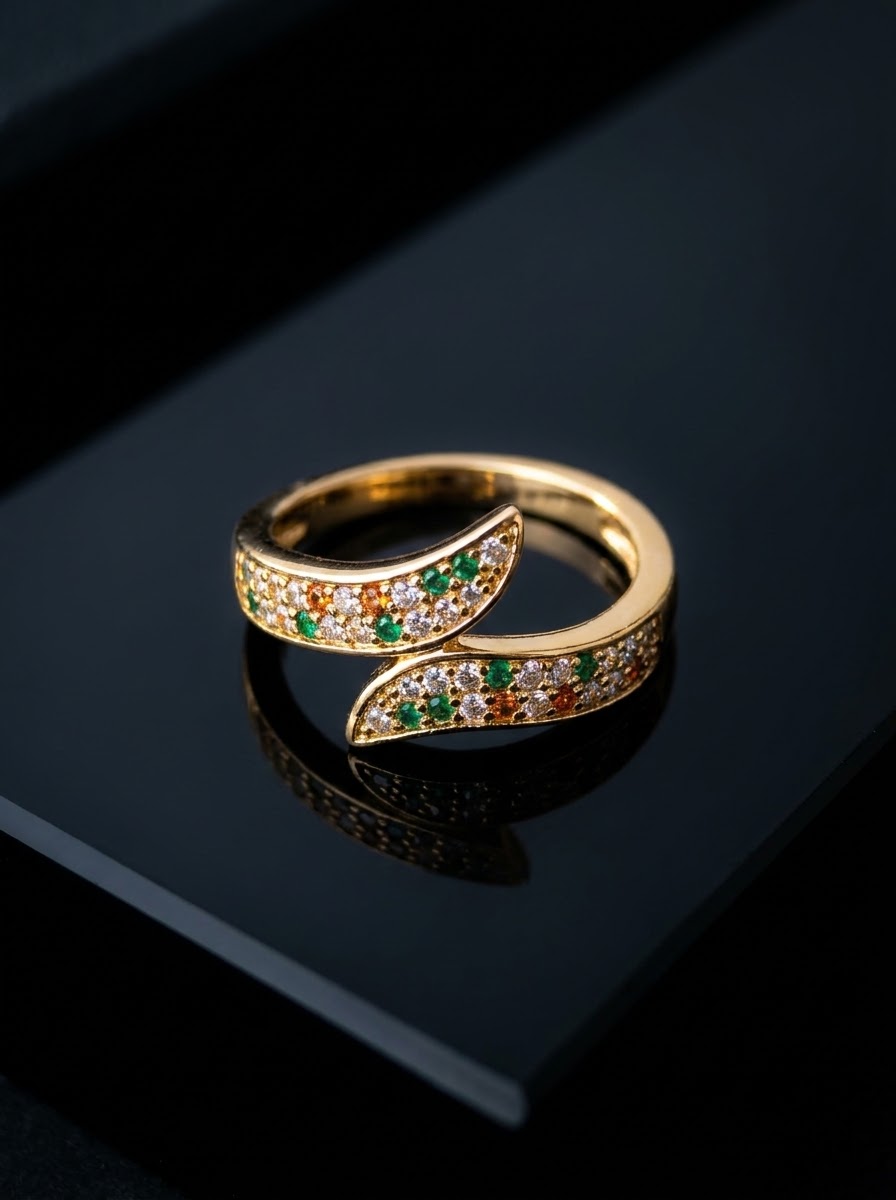 Gold Plated Multi-Stone Open Ring with Green & Orange Zirconia