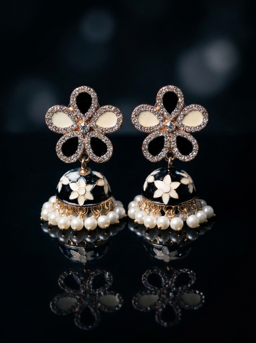 Elegant Kundan Jhumka Earrings with Pearl Drops & Crystal Flower