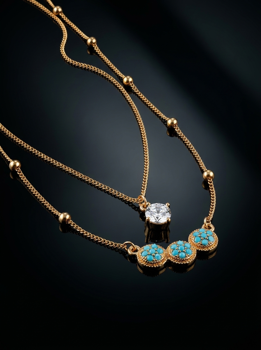 Elegant Layered Gold Plated Necklace with Turquoise and Diamond Pendant