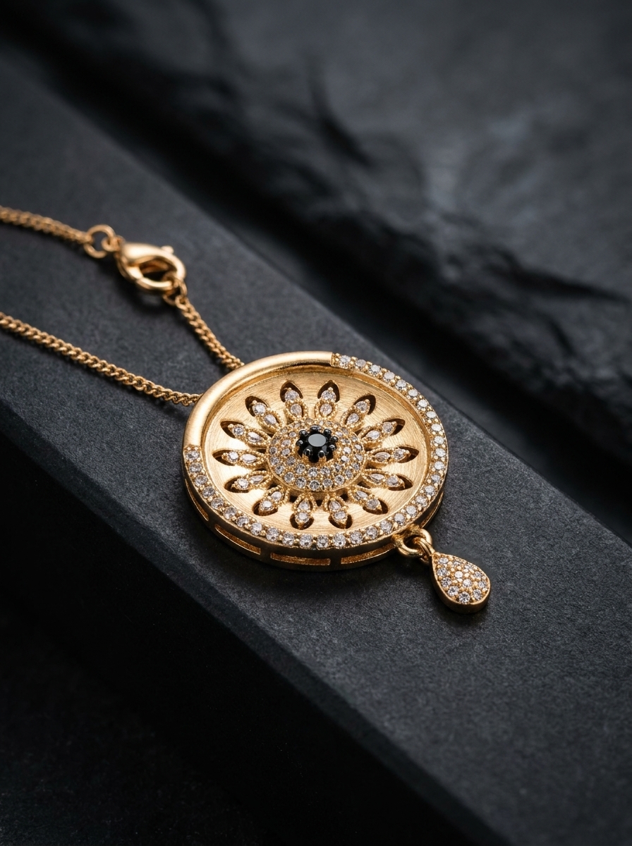 Elegant Gold Plated Round Floral Crystal Pendant Necklace